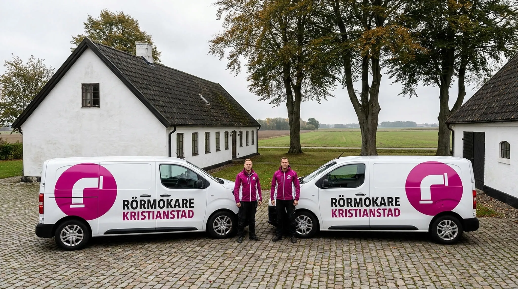 Två servicebilar med Rörmokare Kristianstad-dekor på kullerstensgården till en vitputsad skånelänga
